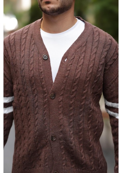 Saç Örgü Kolları Şerit Detaylı Triko Hırka - Kahve fırsatları