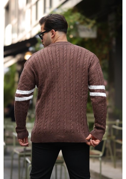 Saç Örgü Kolları Şerit Detaylı Triko Hırka - Kahve indirimleri