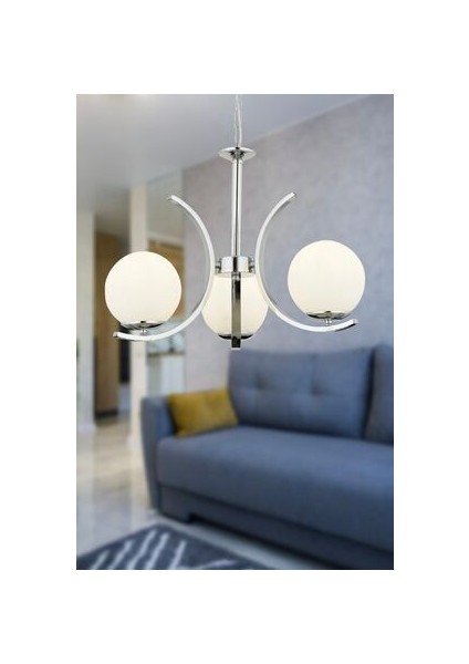 Plüton 3'lü Metal Krom Modern Avize Salon ve Oturma Odası LED Ampul Uyumlu Şık Tasarım