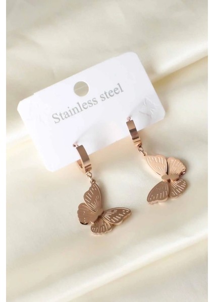 E-Bijuteri Kelebek Figürlü Rose Renk Çelik Kadın Küpe