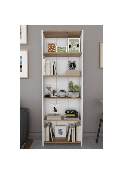 5 Raflı Klasik Tasarımlı Kitaplık - Suntalam, 169x56x20 cm, Meşe Renk, Geniş Depolama Alanı ile Şıklığı Yakalayın
