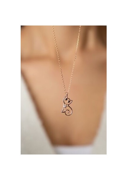 Kadın Kedi Temalı 925 Ayar Gümüş Kolye Rodyum Renkli Tasarım modelleri