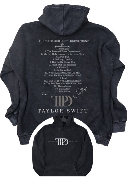 Unisex Ttpd Sırt Baskılı Kapüşonlu Yıkamalı Sweatshirt, Oversize Taylor Swift Retro Hoodie