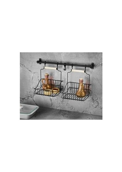 Ferforje Metal Sepet Askı ve Kanca Set Siyah Retro 2 Sepetli