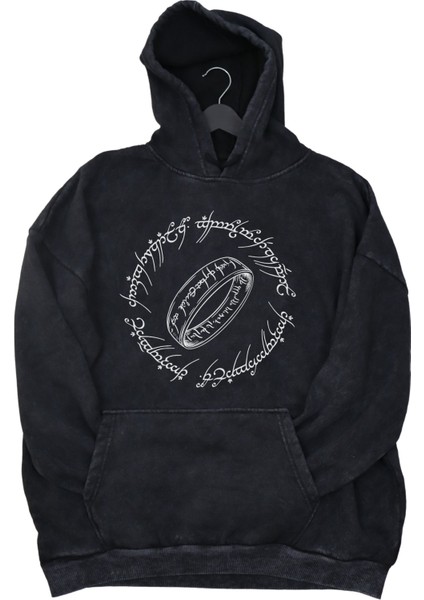 Unisex Yüzüklerin Efendisi Baskılı Kapüşonlu Yıkamalı Sweatshirt, Oversize Film Serisi Retro Hoodie