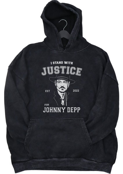 Unisex Johnny Depp Baskılı Kapüşonlu Yıkamalı Sweatshirt, Oversize Justice Baskılı Vintage Hoodie
