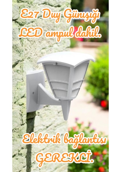 E27 Duylu, 10 Watt Günışığı LED Ampul Dahil, Beyaz Renk Iç ve Dış Mekan Bahçe, Balkon, Teras Apliği