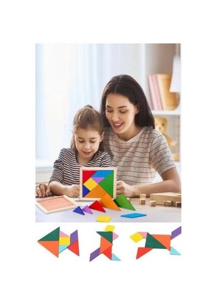 10 Adet Ahşap Tangram Zeka Gelişim Eğitici Oyuncak Mini Boy 7x7 cm 10 Adet