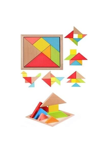 10 Adet Ahşap Tangram Zeka Gelişim Eğitici Oyuncak Mini Boy 7x7 cm 10 Adet