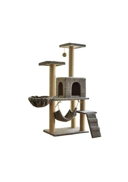 New Palace Kedi Evi ve Tırmalama %100 Doğal Kendir Halatlı 135 cm Yükseklikte Ahşap ve Velsoft