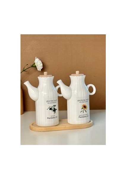 Kitchen Pembelia Bambu Standlı 2'li 1000ML Etiketli Porselen Yağlık 3'lu Yağdanlık Set