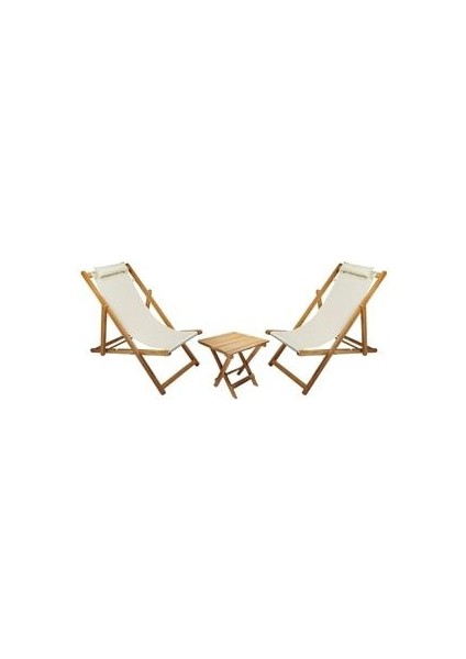 Ahşap Katlanabilir Taşınır Şezlong. Plaj, Bahçe, Teras, Balkon Şezlongu. 3 Lü Set (Krem)