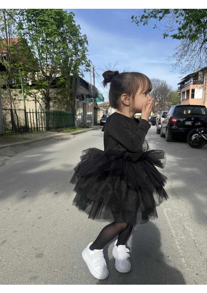 Uzun Kollu Sırt Detaylı Tütü Etekli Kız Çocuk Balerin Elbise