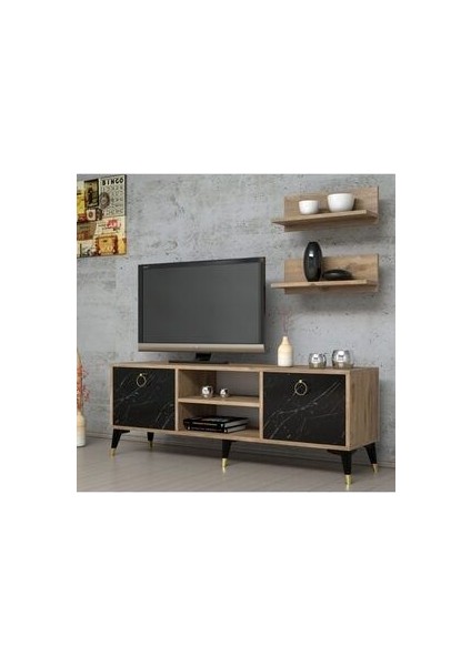 Mobilya 138 cm TV Ünitesi Çam ve Mermer Desenli Modern Tasarım Oturma Odası Mobilyası