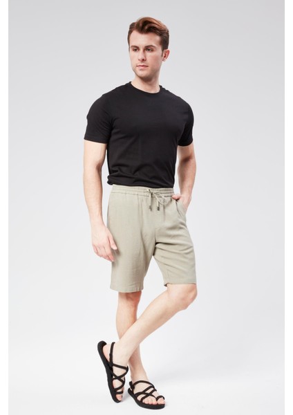 Erkek Beli Lastikli Bağcıklı Keten Karışımlı Slim Fit Jogger Şort Yeşil