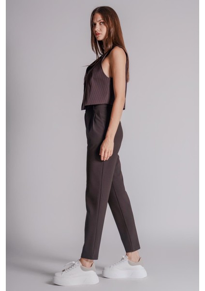 Kadın Yandan Cepli Arka Cep Fleto Beli Lastikli ve Pilili Slim Fit Pantolon Kahverengi