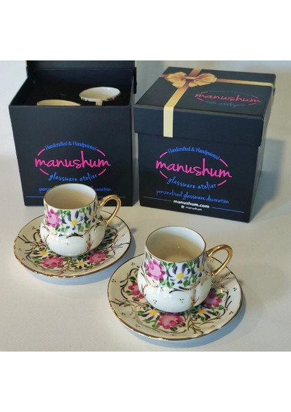 El Boyama Porselen 2li Set Osmanlı Saray Kahve Fincanı-Beyaz