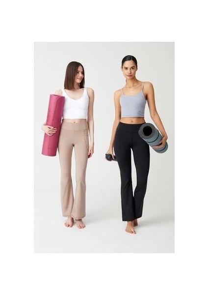 Kadın Siyah Yüksek Bel Toparlayıcı Çift Cepli Ispanyol Paça Tayt Bootcut indirimleri