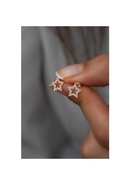 925 Ayar Gümüş Rose Zirkon Taşlı Yıldız Küpe