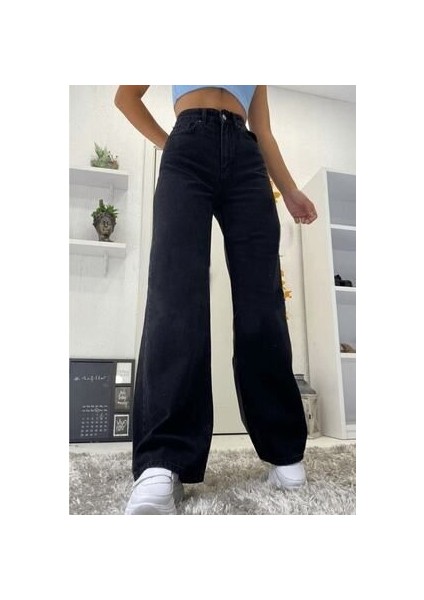 Kadın Siyah Süper Yüksek Bel Bol Paça Jeans - Likralı Wide Leg Kot Pantolon