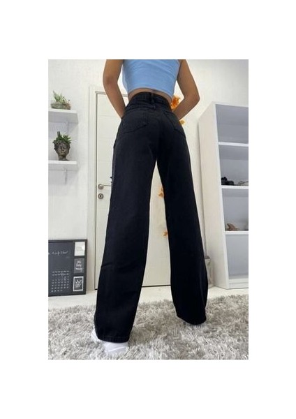 Kadın Siyah Süper Yüksek Bel Bol Paça Jeans - Likralı Wide Leg Kot Pantolon fiyatları