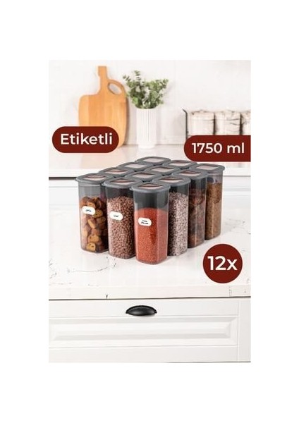 Etiketli Foly Kare Erzak Saklama Kabı 12'li Set Büyük Boy 1,75 Litre Antrasit