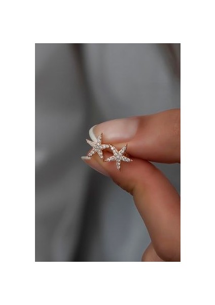 925 Ayar Gümüş Rose Zirkon Taşlı Deniz Yıldız Küpe