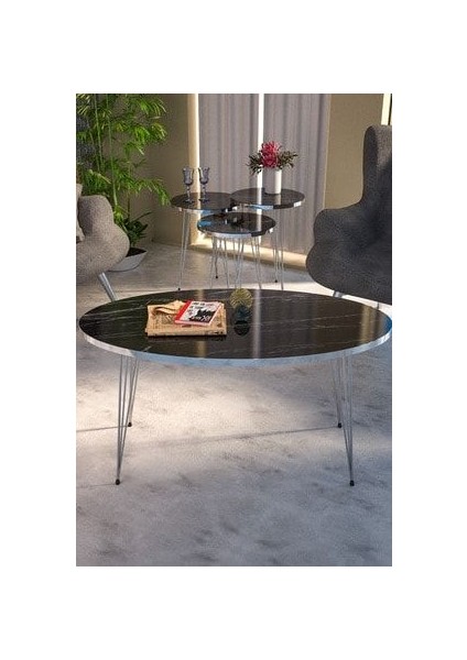 Modern Orta Sehpa ve 3'lü Zigon Sehpa Takımı Gümüş Metal Ayaklı Yonga Levha 90x50x43 cm Şık Tasarım