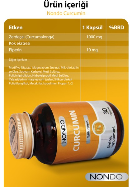 Curcumin Zerdaçal Ekstresi 30 Kapsül (Kurkumin, Piperin)