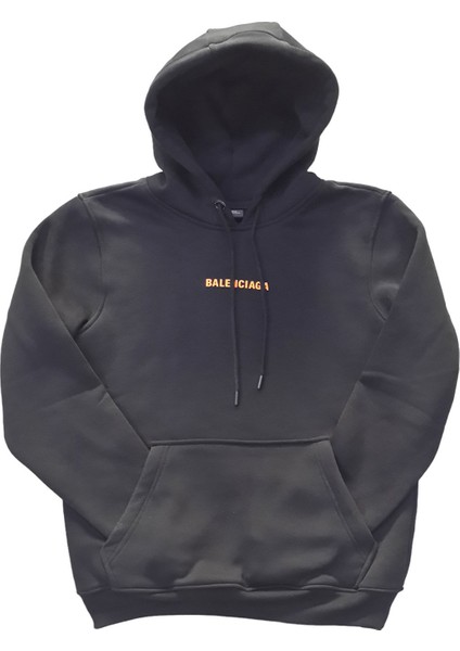 Erkek Kapüşonlu Bağcıklı Kanguru Cepli Fosforlu Yazı Baskılı Siyah Sweatshirt Esk-Plz