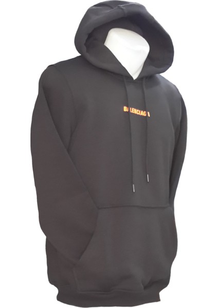 Erkek Kapüşonlu Bağcıklı Kanguru Cepli Fosforlu Yazı Baskılı Siyah Sweatshirt Esk-Plz