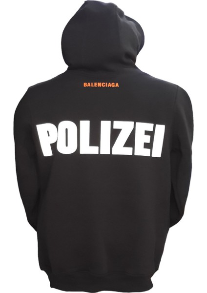Erkek Kapüşonlu Bağcıklı Kanguru Cepli Fosforlu Yazı Baskılı Siyah Sweatshirt Esk-Plz