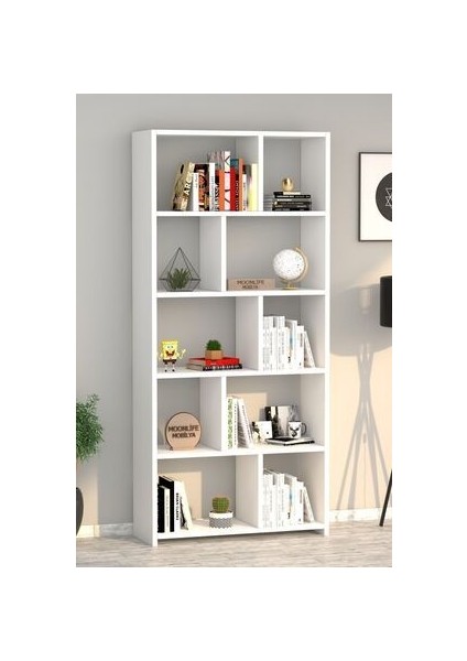 London Modern Beyaz Kitaplık 5 Raflı Suntalam Malzeme ile 160 cm Yükseklik