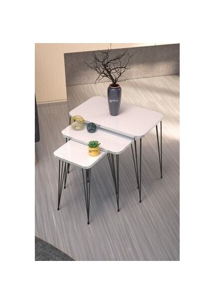 3'lü Zigon Sehpa Seti - Metal Ayaklı, Beyaz PVC Kenar Kaplama, 47-51-55 cm, Salon ve Oturma Odası için Şık ve Fonksiyonel Tasarım fiyatları