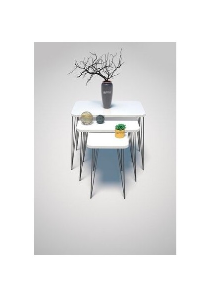 3'lü Zigon Sehpa Seti - Metal Ayaklı, Beyaz PVC Kenar Kaplama, 47-51-55 cm, Salon ve Oturma Odası için Şık ve Fonksiyonel Tasarım modelleri
