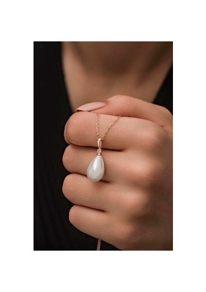 925 Ayar Gümüş Damla Model Beyaz Barok İnci Kolye