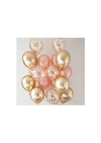 Krom Gold 6 Adet Rose Gold Metalik 6 Adet Gold Konfetili Şeffaf Balon 6 Adet Balon Set