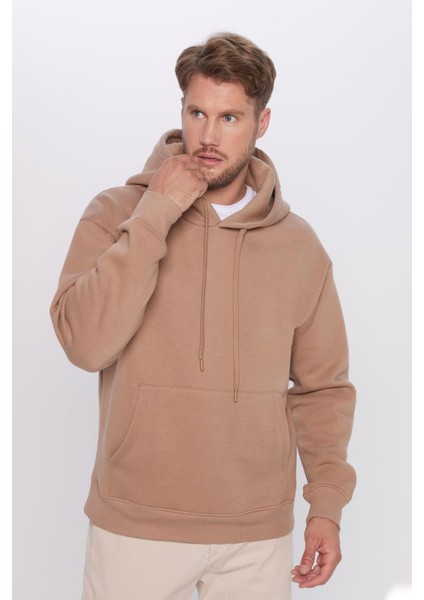 Oversize Geniş Kesim Pamuklu Yumuşak Dokulu İçi Polarlı Basic Vizon Renk Kapüşonlu Sweatshirt