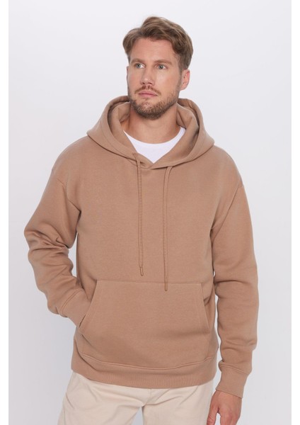 Oversize Geniş Kesim Pamuklu Yumuşak Dokulu İçi Polarlı Basic Vizon Renk Kapüşonlu Sweatshirt