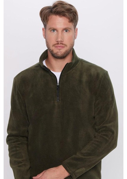 Unisex Standart Fit Rahat Kesim Tüylenme Yapmayan Soğuk Geçirmez Koyu Haki Dik Yaka Polar Sweatshirt