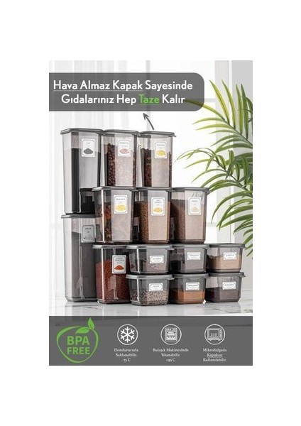 18'li Set Sızdırmaz Kapaklı Kare Erzak Saklama Kabı 6X(500ML- 1100 Ml- 1700 Ml) Antrasit Etiket Hediyeli fiyatları