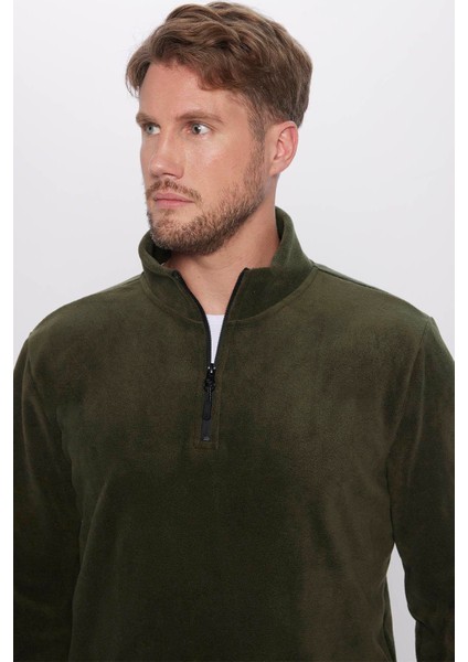 Unisex Standart Fit Rahat Kesim Tüylenme Yapmayan Soğuk Geçirmez Koyu Haki Dik Yaka Polar Sweatshirt modelleri