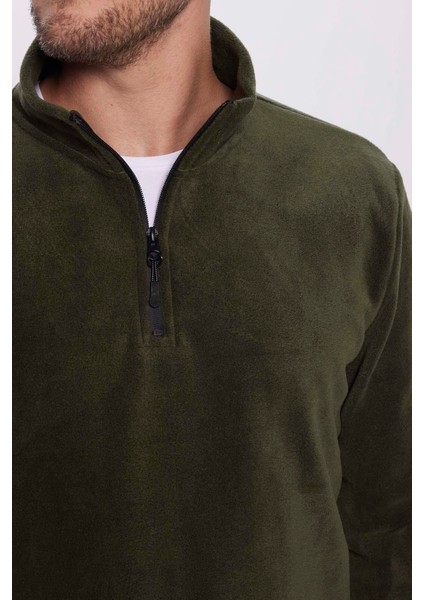 Unisex Standart Fit Rahat Kesim Tüylenme Yapmayan Soğuk Geçirmez Koyu Haki Dik Yaka Polar Sweatshirt fırsatları