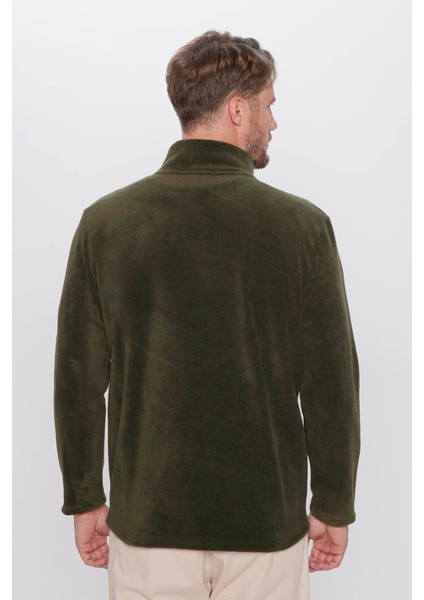 Unisex Standart Fit Rahat Kesim Tüylenme Yapmayan Soğuk Geçirmez Koyu Haki Dik Yaka Polar Sweatshirt indirimleri