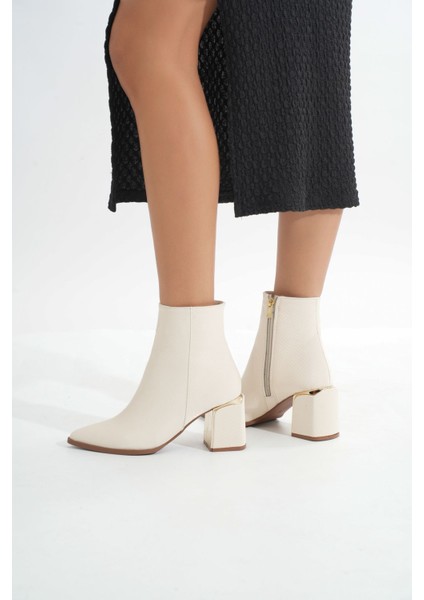 Dnz-409 Bej Fermuarlı Topuklu Kadın Günlük Bot