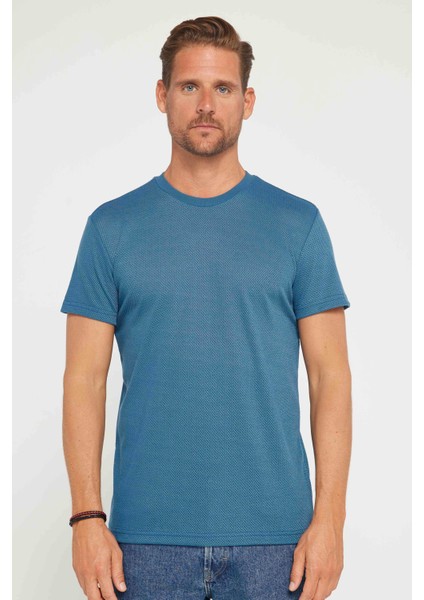 Erkek Slim Fit Dar Kesim Esnek Kumaş Örme Bisiklet Yaka Indigo Tişört fiyatları