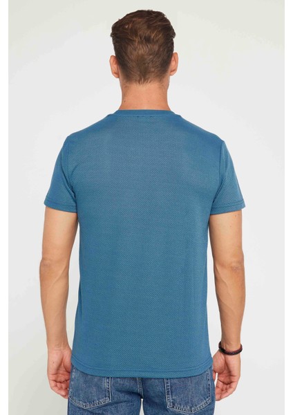 Erkek Slim Fit Dar Kesim Esnek Kumaş Örme Bisiklet Yaka Indigo Tişört indirimleri