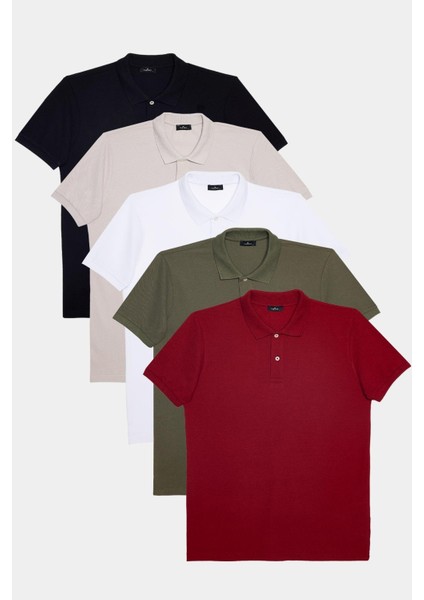 Erkek 5'li Paket Siyah-Gri-Beyaz-Haki-Bordo Slim Fit Dar Kesim Pamuklu Düz Pike Polo Yaka Tişört