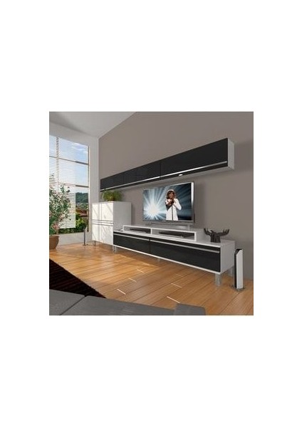 Ekoflex 8 Mdf Krom Ayaklı Tv Ünitesi Tv Sehpası - Beyaz - Siyah
