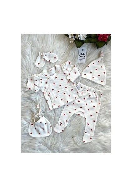 Heart Pattern Ekru 5'li Yenidoğan Kız Bebek Hastane Çıkışı Seti